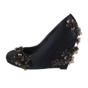 Tory Burch Pixie Black Satin Wedge Heels 3D Flowers Formal Evening Size 5.5 $398